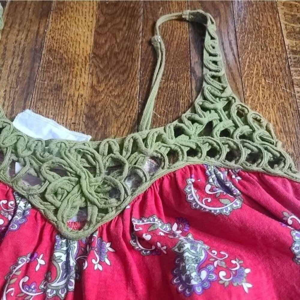 Y2K Colorful Bohemian Open Woven Trim Flowy Red Tank Top - Picture 9 of 10